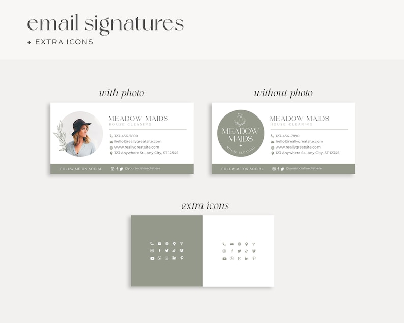 Puede incluir: Dos plantillas de firma de correo electr&oacute;nico para un negocio de limpieza de casas llamado Meadow Maids. La primera plantilla incluye una foto de una mujer y la segunda plantilla incluye un logotipo. Ambas plantillas incluyen el nombre del negocio, el n&uacute;mero de tel&eacute;fono, la direcci&oacute;n de correo electr&oacute;nico, la direcci&oacute;n del sitio web y la direcci&oacute;n f&iacute;sica. Las plantillas tambi&eacute;n incluyen iconos de redes sociales para Facebook, Twitter e Instagram. Las plantillas est&aacute;n sobre un fondo blanco con un borde verde claro.