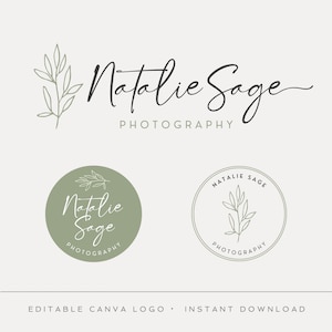 May include: Editable Canva logo template featuring a handwritten script font with the text "Natalie Sage Photography" and a simple line drawing of a leafy branch. The logo is available in two versions: one with the text and branch above the words "Photography" and another with the text and branch inside a circle with the words "Photography" below.
