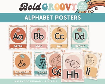 Alphabet Classroom Editable Posters, Groovy Letter Templates, Retro Canva Classroom Decor - PDFs + Editable Templates