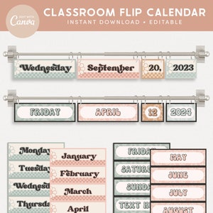 Classroom Flip Calendar Display, Pastel Retro Classroom Decor, Editable Printable Classroom Management, Canva Editable Files