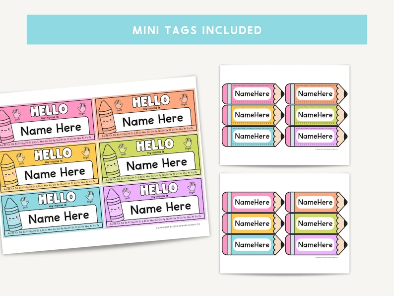 May include: Colorful mini tags with the text "HELLO" and "Name Here" in various colors. The tags feature crayon and pencil illustrations. The words "MINI TAGS INCLUDED" are at the top.