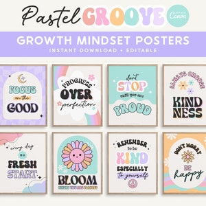 Pósters imprimibles y editables de mentalidad de crecimiento para el aula, decoración moderna en tonos pastel, descarga instantánea - 8x10 + plantillas de Canva