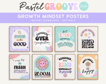 Growth Mindset Editable Classroom Printable Posters, Groovy Pastel Classroom Decor, INSTANT DOWNLOAD - 8x10 + Canva Templates