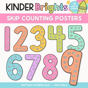 May include: Colorful skip counting posters featuring numbers 1 through 9, each with multiples listed inside. The posters are in various colors, with the text "KINDER Brights" at the top. The words "SKIP COUNTING POSTERS" are also visible.