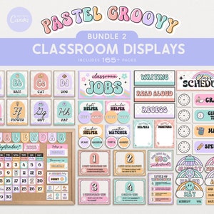 Editable Retro Classroom Decor, Pastel Groovy Printable Teacher Bundle, Calendar Canva Templates, Jobs, Schedule, Class Birthdays