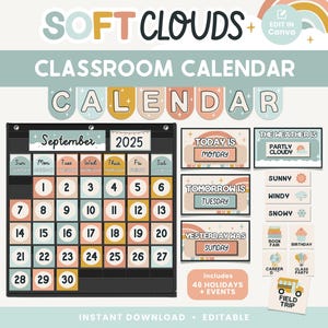Classroom Calendar Display and Weather Station, Printable Pastel Soft Clouds Classroom Decor, PDFs + Canva Editable Templates
