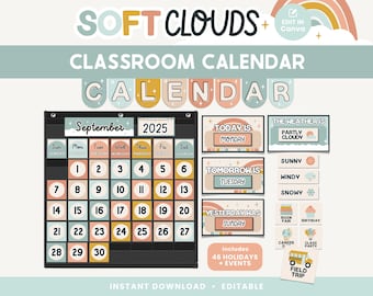 Classroom Calendar Display and Weather Station, Printable Pastel Soft Clouds Classroom Decor, PDFs + Canva Editable Templates