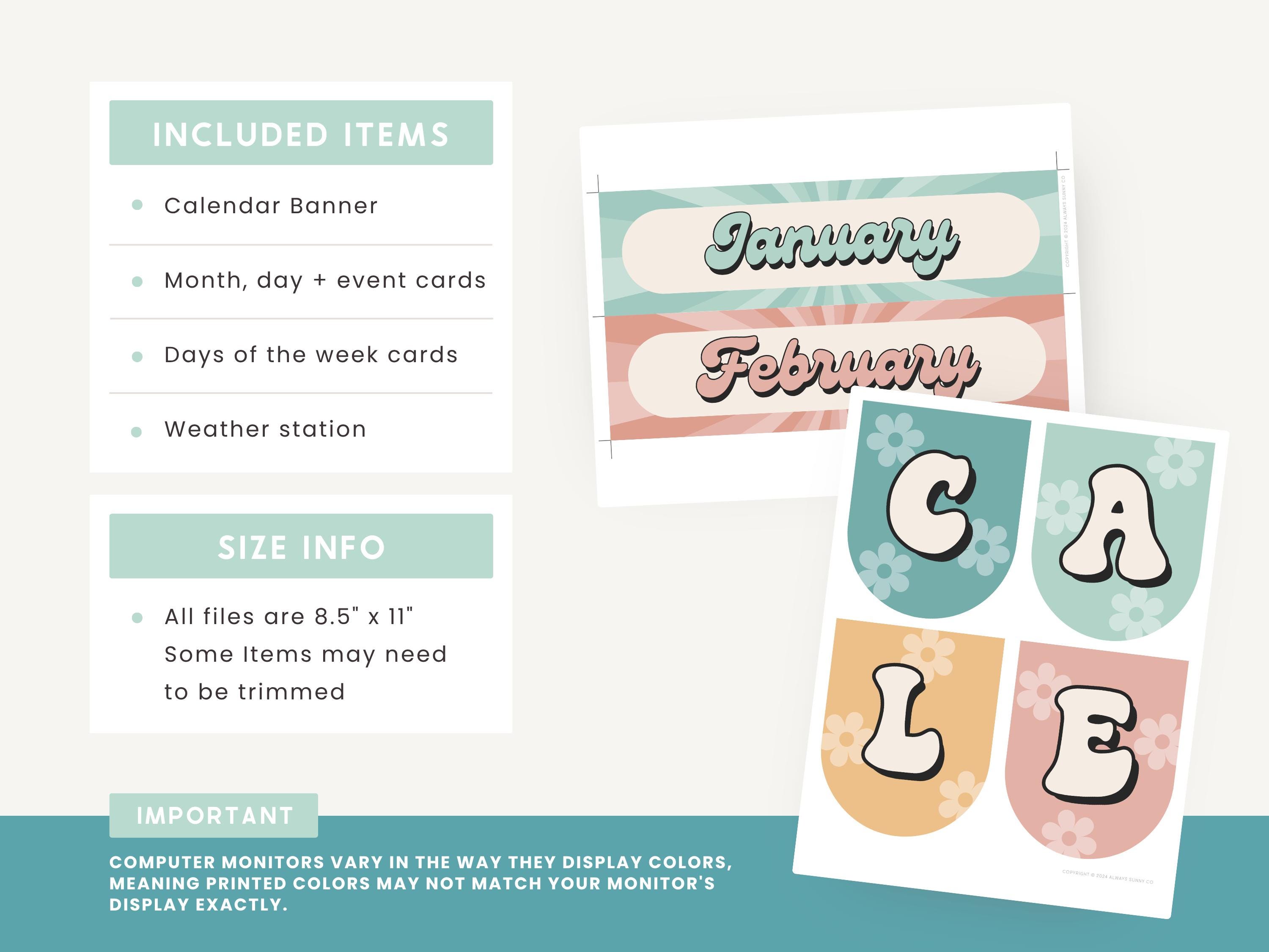 Classroom Calendar Display and Weather Station, Printable Groovy Retro ...