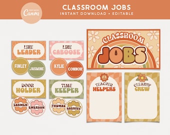 Visualización de trabajos en el aula, Plantillas Canva editables, Decoración retro del aula Sunshine, Gestión de profesores, PDF + Plantillas