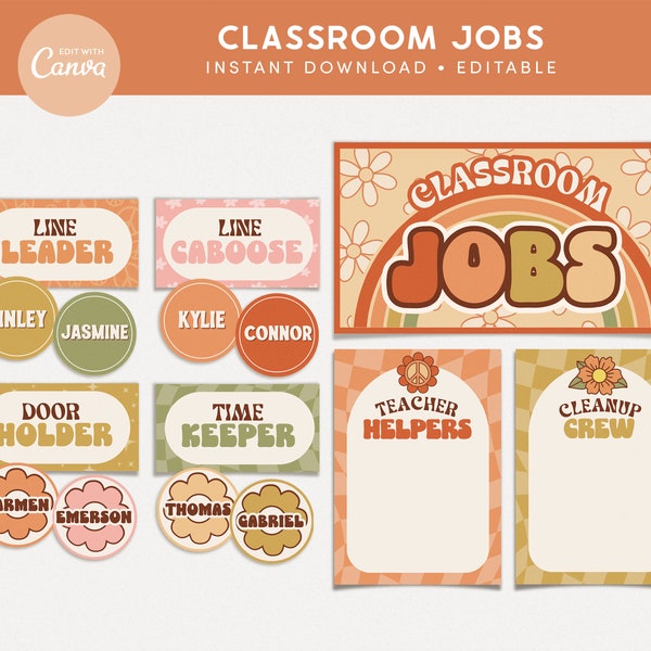 Classroom Job Display, Editable Canva Templates, Retro Sunshine Classroom Decor, Teacher Management, PDFs + Templates