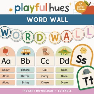 May include: A colourful "Word Wall" educational poster with the text "playful hues". The poster features illustrated cards with letters, words, and corresponding images like an apple, bus, cat, dinosaur, sun, and tent.