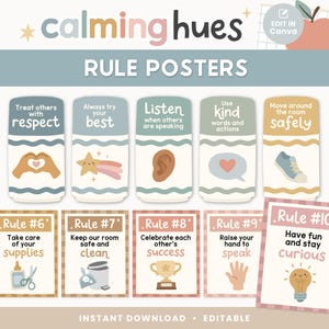 Editable Classroom Rules Posters | Calming Hues Classroom Decor | Rule Anchor Charts | Canva Template | Elementary Classroom Management