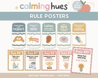 May include: A set of ten educational posters titled Calming Hues Rule Posters. The posters feature pastel colors and illustrations including hands forming a heart, a star, an ear, a heart speech bubble, a shoe, glue, scissors, a trash can, a trophy, a hand, and a lightbulb.