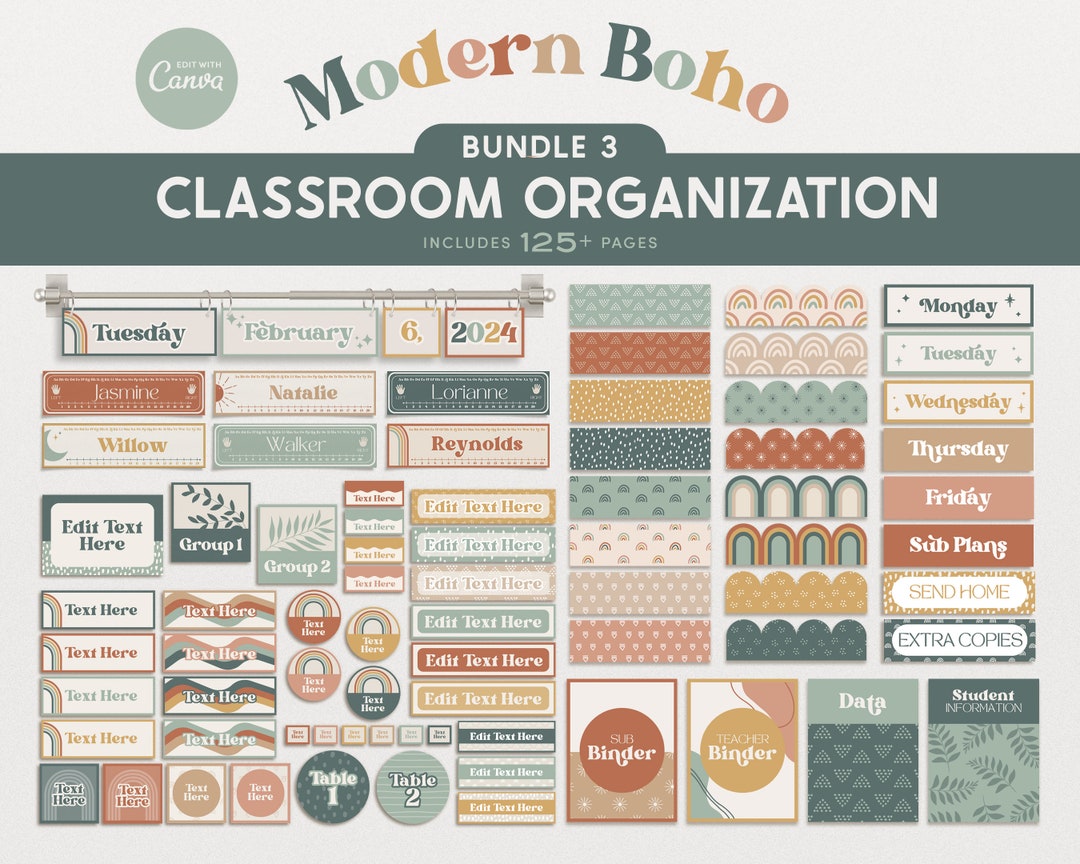 Editable Classroom Organization Modern Boho Bundle, Printable Canva ...