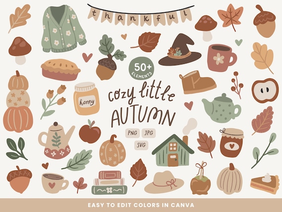 Cozy Little Autumn Elements + Clip Art SVGs, PNGs Files, Leaves, Pumpkins, Acorns, Teapot, Cabin, Thanksgiving, Fall Illustrations