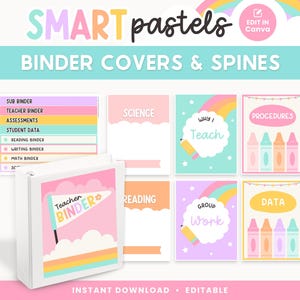 Op de afbeelding: Bewerkbare mapomslagen en ruggen met een pastelkleurig regenboogthema. De omslagen bevatten illustraties van wolken, potloden en kleurpotloden. De ruggen hebben tekstlabels voor verschillende vakken, zoals "Wetenschap", "Lezen" en "Groepswerk".