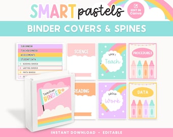 Classroom Binder Covers and Spines, Editable Pastel Rainbow Teacher Organization, PDFs + Canva Editable Templates