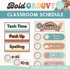 Classroom Schedule, Editable Groovy Canva Template, Retro Classroom Management Printables, - PDFs + Editable Templates