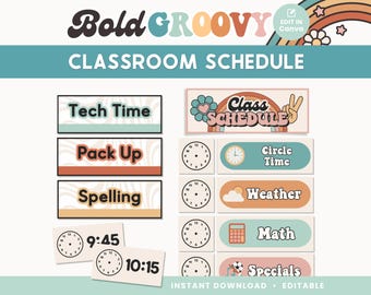 Classroom Schedule, Editable Groovy Canva Template, Retro Classroom Management Printables, - PDFs + Editable Templates