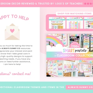 Puede incluir: Imagen promocional para la decoraci&oacute;n del aula. La imagen presenta una combinaci&oacute;n de colores rosa y blanco con el texto "HAPPY TO HELP" y "CLASSROOM COLLECTION". Hay ejemplos de elementos de decoraci&oacute;n del aula, incluidos calendarios y carteles.