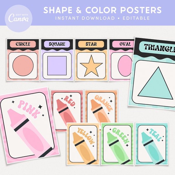 Classroom Shapes and Colors Printable Display, Editable in Canva, Groovy Retro Classroom Bulletin Board Decor, PDFs + Teacher Templates