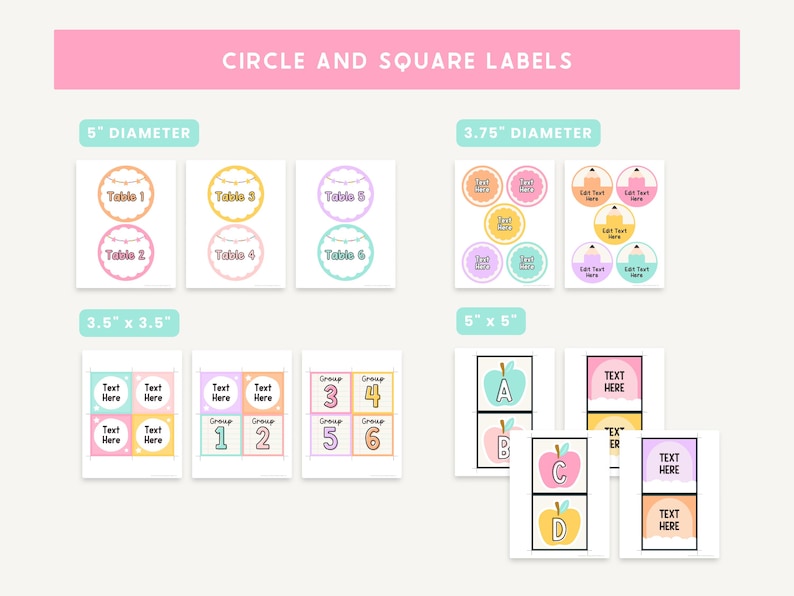 Puede incluir: Una colecci&oacute;n de etiquetas circulares y cuadradas de colores con texto, incluyendo "Circle and Square Labels" en la parte superior. Las etiquetas son de varios tama&ntilde;os, incluyendo 12,7 cm de di&aacute;metro, 9,5 cm de di&aacute;metro, 8,9 cm x 8,9 cm y 12,7 cm x 12,7 cm.