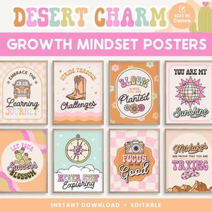Cartazes editáveis para impressão sobre mentalidade de crescimento, decoração de sala de aula com cores vibrantes no deserto, DOWNLOAD INSTANTÂNEO, PDFs + modelo editável do Canva