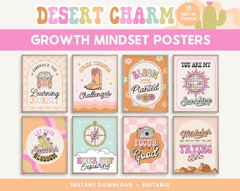 Growth Mindset Editable Classroom Printable Posters, Desert Bright Classroom Decor, INSTANT DOWNLOAD, PDFs + Editable Canva Template
