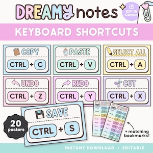 May include: A set of pastel-colored keyboard shortcut posters and matching bookmarks. The posters feature commands like "Copy," "Paste," and "Save," with corresponding Ctrl key combinations. The design includes the text "Dreamy Notes" and "Keyboard Shortcuts."