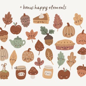 Op de afbeelding: Een set herfst-thema illustraties met verschillende schattige personages met gelukkige gezichten. De set bevat pompoenen, eikels, bladeren, een taart, een theepot, een pot, een paddenstoel en een appel. De illustraties zijn in een warme kleurenpalet van bruinen, oranje en gele tinten.