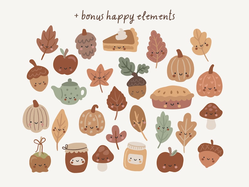Op de afbeelding: Een set herfst-thema illustraties met verschillende schattige personages met gelukkige gezichten. De set bevat pompoenen, eikels, bladeren, een taart, een theepot, een pot, een paddenstoel en een appel. De illustraties zijn in een warme kleurenpalet van bruinen, oranje en gele tinten.
