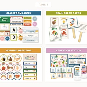 May include: A collection of educational classroom resources including classroom labels, brain break cards with sticks, morning greeting signs, and hydration station materials. The set features colourful graphics, text, and icons for school organisation.