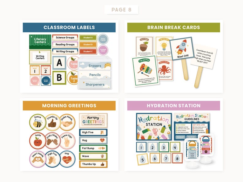 May include: A collection of educational classroom resources including classroom labels, brain break cards with sticks, morning greeting signs, and hydration station materials. The set features colourful graphics, text, and icons for school organisation.
