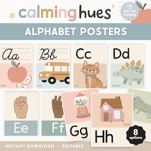 May include: Alphabet posters with calming hues. Each poster features a letter of the alphabet with a corresponding illustration, such as an apple for 'A' and a cat for 'C'. The posters are designed with soft colors and include the text 'Alphabet Posters'.