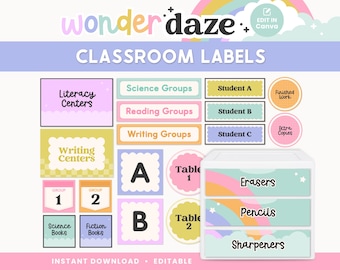 May include: A collection of classroom labels with pastel colors and a rainbow theme. Labels include "Literacy Centers," "Science Groups," "Student A," "Erasers," "Pencils," and "Sharpeners." The design is intended for instant download and is editable.