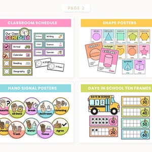 May include: A classroom educational poster set with a pink, yellow, and blue theme. Includes a classroom schedule, shape posters, hand signal posters, and a days in school ten frames chart. The posters feature colorful illustrations and text.