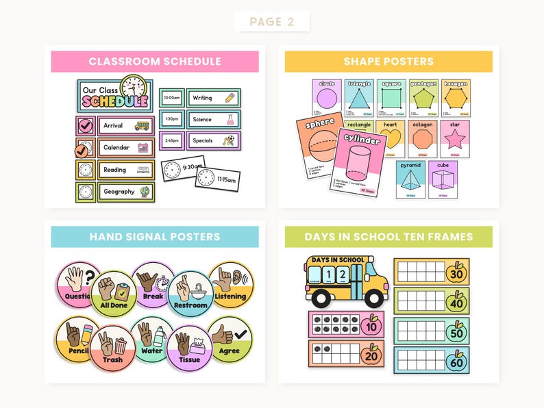 May include: A classroom educational poster set with a pink, yellow, and blue theme. Includes a classroom schedule, shape posters, hand signal posters, and a days in school ten frames chart. The posters feature colorful illustrations and text.