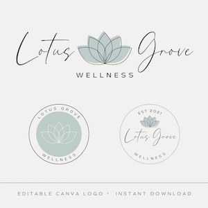 Editable Logo Design, DIY Canva Lotus Wellness Logo, Elegant Logo, Health Yoga Logo, Logo Template and Sub Marks, Instant Download