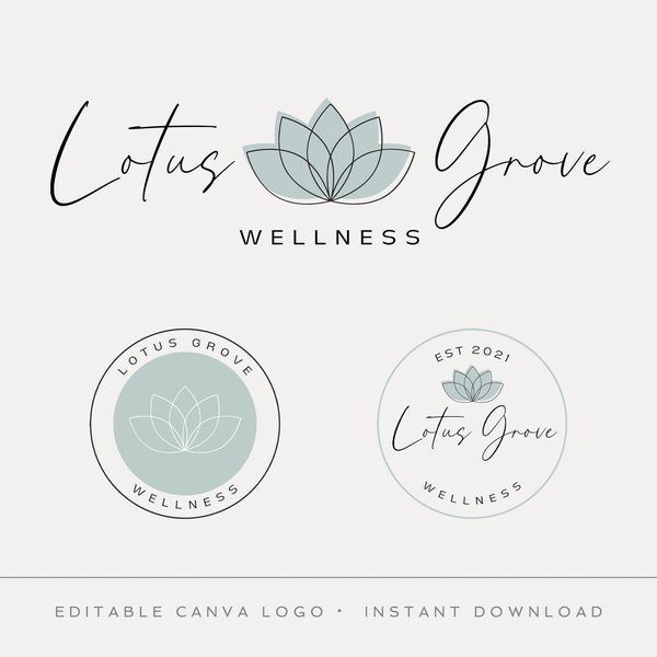 Editable Logo Design, DIY Canva Lotus Wellness Logo, Elegant Logo, Health Yoga Logo, Logo Template and Sub Marks, Instant Download