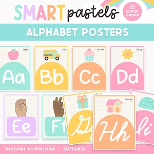 Alphabet Classroom Editable Posters, ASL Letter Templates, Cute Rainbow Canva Classroom Decor, Sign Language - PDFs + Editable Templates