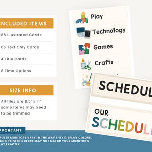 Op de afbeelding: Educatief materiaal met de woorden "Schedule" en "Our Schedule" in een kleurrijk ontwerp. De afbeelding bevat kaarten met de woorden "Play", "Technology", "Games" en "Crafts". De meegeleverde items zijn 65 ge&iuml;llustreerde kaarten, 65 tekstkaarten, 4 titelkaarten en 8 tijdopties.