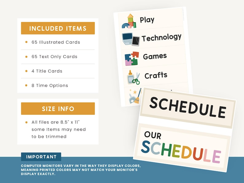 Op de afbeelding: Educatief materiaal met de woorden "Schedule" en "Our Schedule" in een kleurrijk ontwerp. De afbeelding bevat kaarten met de woorden "Play", "Technology", "Games" en "Crafts". De meegeleverde items zijn 65 ge&iuml;llustreerde kaarten, 65 tekstkaarten, 4 titelkaarten en 8 tijdopties.