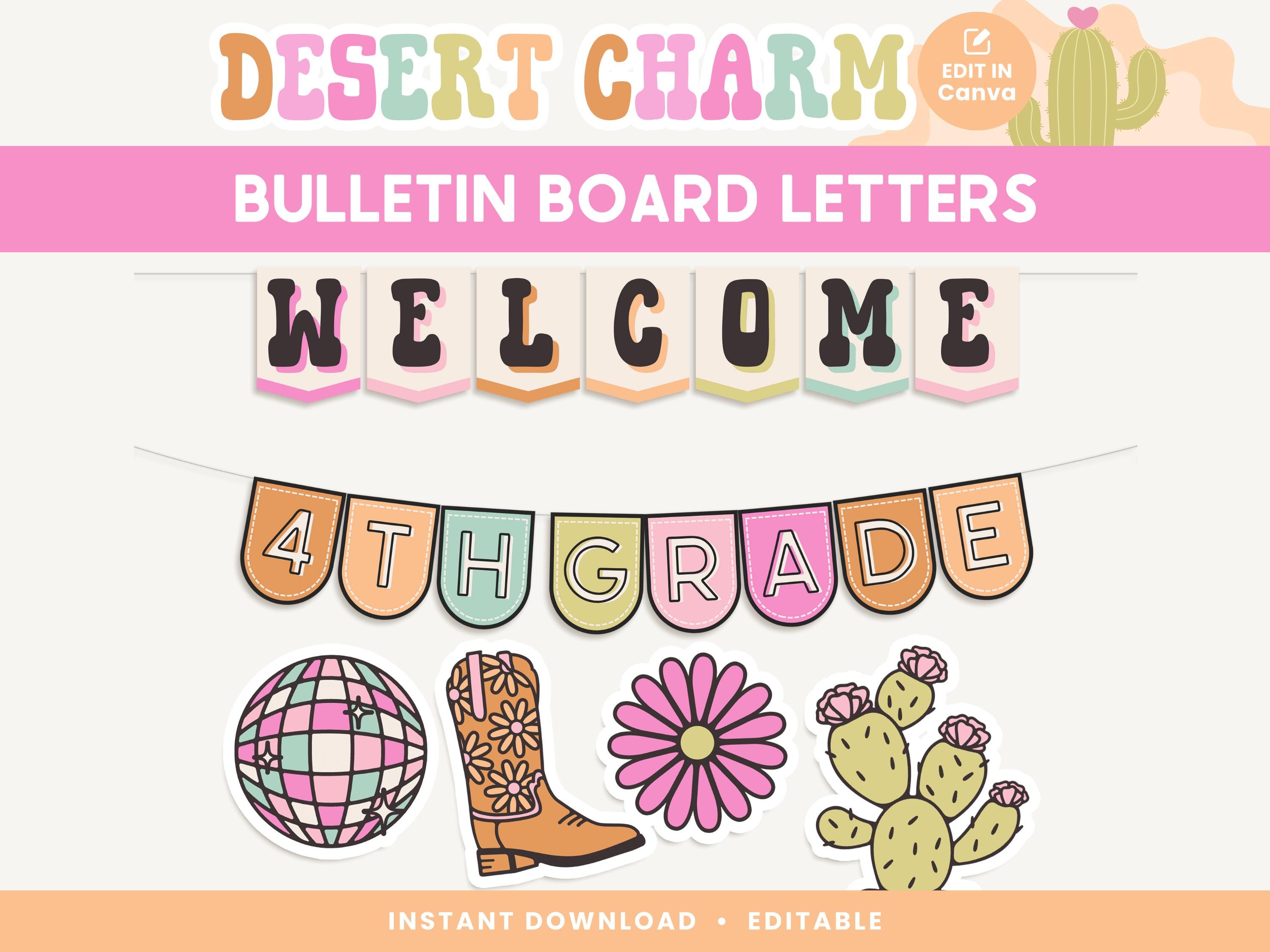 Classroom Bulletin Board Letters, Editable in Canva, Bright Desert Classroom Bunting Decor, Western Teacher Templates