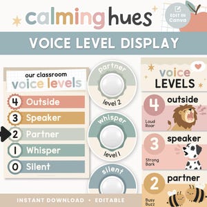 以下が含まれることがあります： 「calming hues」と「Voice Level Display」のテキストが入った、教室の音声レベル表示。 「Silent」から「Outside」までのレベルがあり、対応するイラストとテキストラベルが付いています。 デザインはパステルカラーです。