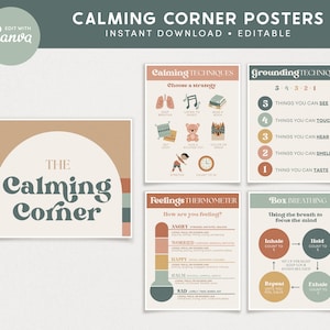 Calming Corner Editable Classroom Printables, Modern Boho Canva Classroom Decor, Calm Down Skills PDFs Templates image 1