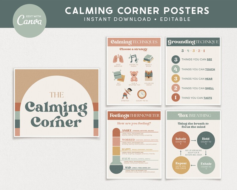 Calming Corner Editable Classroom Printables, Modern Boho Canva Classroom Decor, Calm Down Skills PDFs Templates image 1