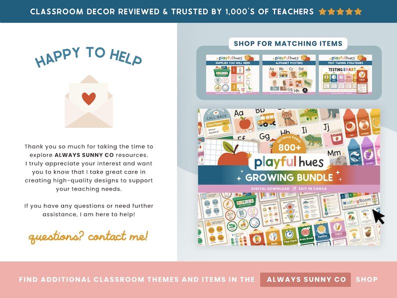 May include: A promotional image for classroom decor. The image features a bundle of digital downloads with the text "Playful Hues Growing Bundle." Additional text includes "Classroom Decor Reviewed & Trusted by 1,000's of Teachers."