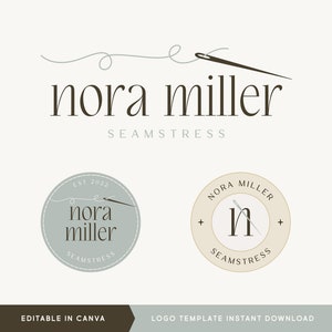 Puede incluir: Plantilla de logotipo para una costurera llamada Nora Miller. El logotipo presenta un diseño estilizado de aguja e hilo con el texto "Nora Miller Seamstress" en una fuente marrón. El logotipo está disponible para descarga instantánea y es editable en Canva.