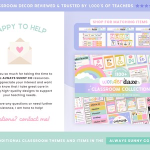 May include: A promotional image for classroom decor. The image features a variety of colorful educational materials, including calendars, alphabet posters, and schedule templates. Text includes "Classroom Collection" and "Always Sunny Co Shop."