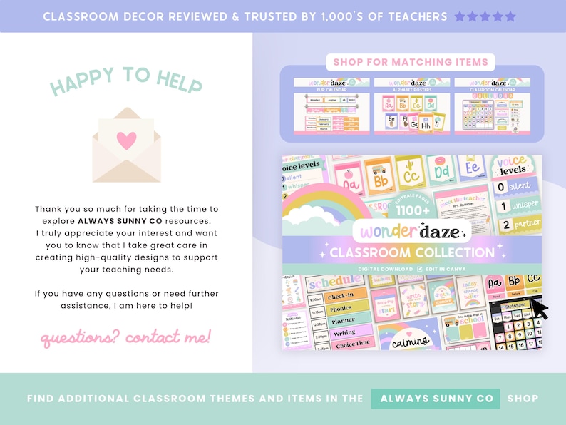May include: A promotional image for classroom decor. The image features a variety of colorful educational materials, including calendars, alphabet posters, and schedule templates. Text includes "Classroom Collection" and "Always Sunny Co Shop."